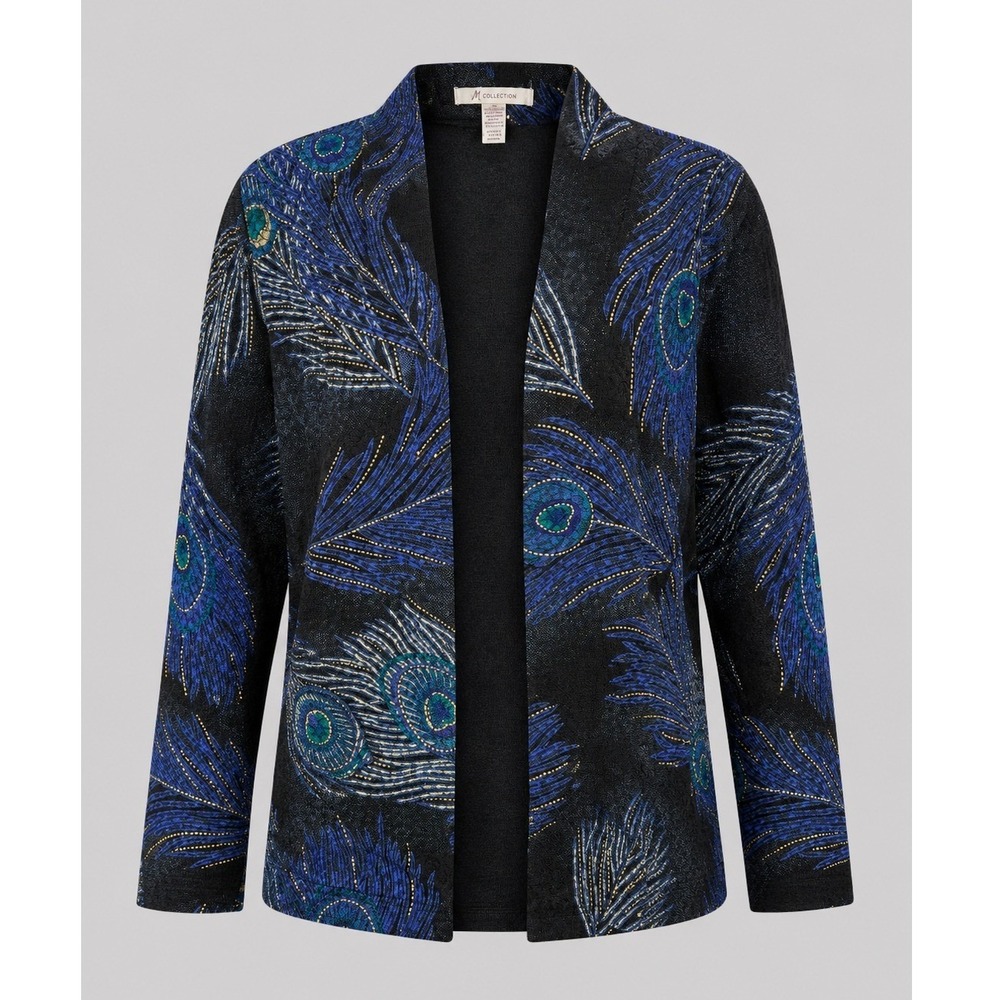 JM Collection Women Peacock Feather Print Open Front Cardigan Jacket Black Small